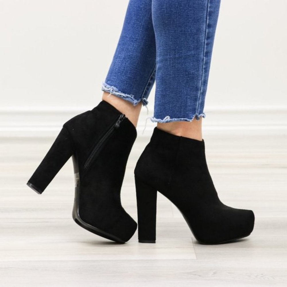 Platform Black Suede Ankle Heeled Booties